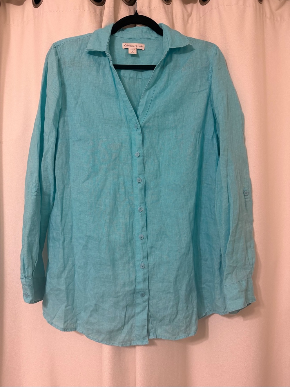 Coldwater Creek Light Turquoise Ling Sleeve Button-Front Linen Top Size M 10-12
